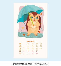 Calendario para 2023 con un lindo Hedgehog. Un erizo con un paraguas azul camina bajo la lluvia. Mascotas. Amigos furtivos. Calendario para noviembre en forma de caricatura. Ilustración vectorial.