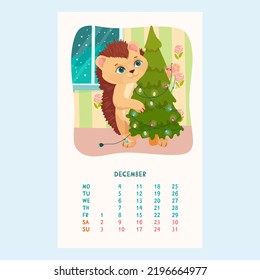 Calendario para 2023 con un lindo Hedgehog. Un erizo decora un árbol de Navidad para las vacaciones. Mascotas. Amigos furtivos. Calendario para diciembre al estilo de las caricaturas. Ilustración vectorial.