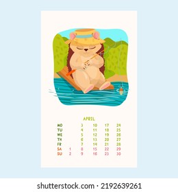 Calendario para 2023 con un lindo Hedgehog. Hedgehog está pescando en el muelle. Mascotas. Amigos furtivos. Calendario para abril en forma de caricatura. Ilustración vectorial.