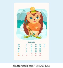 Calendar for 2023 with cute Hedgehog. Hedgehog on skis. Winter sports. Pets. Furry friends. Calendar for January in cartoon style. Vector illustration.