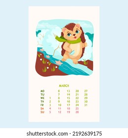 Calendario para 2023 con un lindo Hedgehog. Hedgehog juega con barcos de papel. Mascotas. Amigos furtivos. Calendario de marzo al estilo de las caricaturas. Ilustración vectorial.