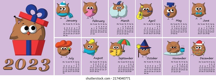 Calendar for 2023 with cute lovery characters Owl