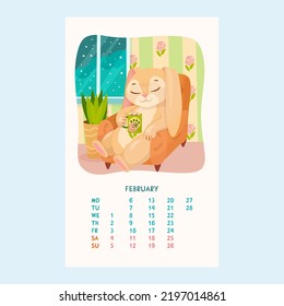 Calendario para 2023 con conejo lindo. Los conejitos beben cacao en una silla acogedora. Mascotas. Amigos furtivos. Calendario para febrero en estilo caricatura. Ilustración vectorial.