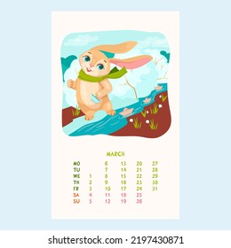 Calendario para 2023 con conejo lindo. Bunny juega con botes de papel. Mascotas. Amigos furtivos. Calendario de marzo al estilo de las caricaturas. Ilustración vectorial.