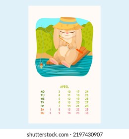 Calendario para 2023 con conejo lindo. Bunny está pescando en el muelle. Mascotas. Amigos furtivos. Calendario para abril en forma de caricatura. Ilustración vectorial.