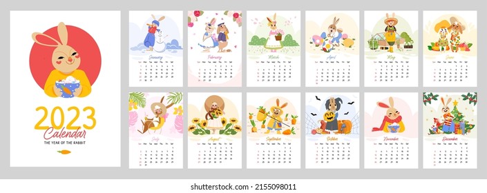 Calendar 2023 with cute rabbit. Covers and 12 month vector pages bunny character symbol year. Flat cartoon template, cute hare lies beach, gives gift, drink latte, Halloween Easter, gardener