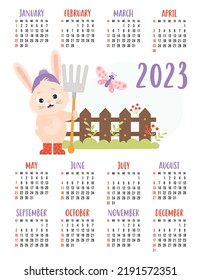 Calendar 2023 with cute rabbit farmer with rake, fence and butterfly. Bunny is symbol 2023 to eastern horoscope. Vector illustration. Vertical template 12 months in English. Week starts on Sunday
