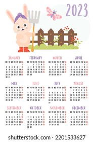 Calendar 2023 with cute rabbit farmer with rake, fence and butterfly. Bunny is symbol of 2023 to eastern horoscope. Vector illustration. Vertical template 12 months in English. Week from Monday.