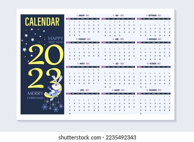 Calendar 2023. Cute rabbit. Horizontal calendar, pages for planning. Design for children's notebooks with a funny character in space. Vector baby illustration.