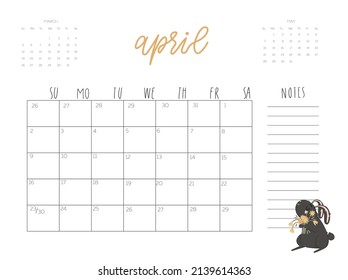 Calendar 2023 with cute rabbit illustration. April vector calendar card template for one month  with Chinese symbol of the New Year.