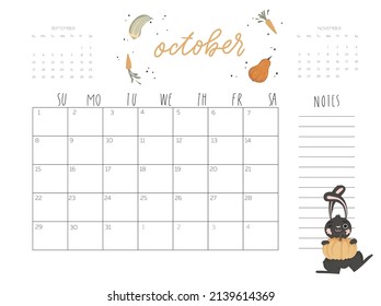 Calendar 2023 with cute rabbit illustration. October vector calendar card template for one month  with Chinese symbol of the New Year.