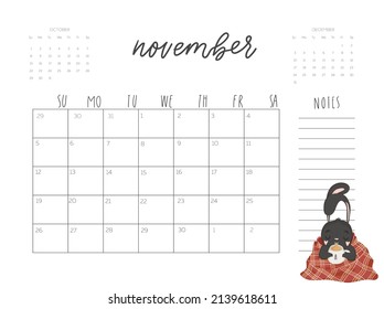 Calendar 2023 with cute rabbit illustration. November vector calendar card template for one month  with Chinese symbol of the New Year.