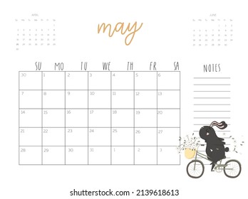 Calendar 2023 with cute rabbit illustration. May vector calendar card template for one month  with Chinese symbol of the New Year.