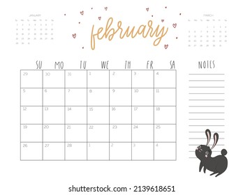 Calendar 2023 with cute rabbit illustration. February vector calendar card template for one month  with Chinese symbol of the New Year.