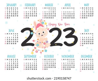 Calendar 2023 with cute rabbit in Santa hat and with New Years garland. Bunny is symbol of year to eastern horoscope. Vector illustration. horizontal template for 12 months in English. Week on Sunday