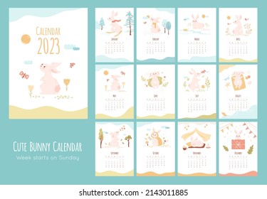 Calendar 2023 with cute rabbit. Set of 12 vector minimal illustrations with symbol of the year in different season activities, nature elements. Cartoon bunny in pastel colors, kids monthly print