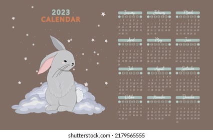 Calendar 2023 with cute rabbits. children's poster. Year of the cat and rabbit. Symbol of 2023. Vector illustration in trendy colors.