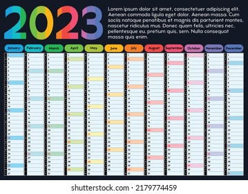 Calendar for 2023, daily event planner with bright multicolored design and text space, vector color illustration