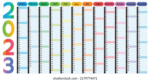 Calendar for 2023, daily event planner with bright multicolored design, vector color illustration