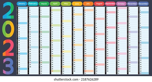 Calendar for 2023, daily event planner with bright multicolored design, vector color illustration