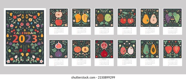 Calendar 2023. Calendar design with fruits, insects and floral elements. Set of pages for 12 months of 2023. Vector illustration.