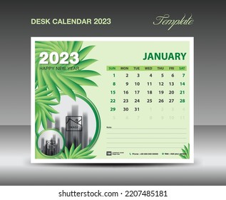Calendar 2023 design- January 2023 template, Desk Calendar 2023 template Green flowers nature concept, planner, Wall calendar creative idea, advertisement, printing template, vector eps10