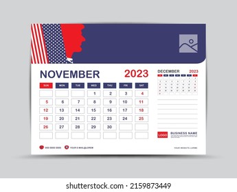 Calendar 2023 design, November 2023 template, desk calendar 2023 year, Usa flag background concept, wall calendar design, advertisement, printing, Business template vector eps10