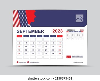 Calendar 2023 design, September 2023 template, desk calendar 2023 year, Usa flag background concept, wall calendar design, advertisement, printing, Business template vector eps10