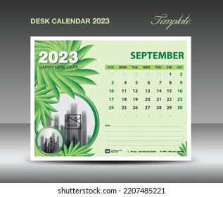 Calendar 2023 design- September 2023 template, Desk Calendar 2023 template Green flowers nature concept, planner, Wall calendar creative idea, advertisement, printing template, vector eps10