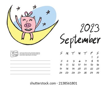 Calendar 2023 design template with Cute Pig vector illustration, September 2023 artwork, Lettering, Desk calendar 2023 layout, planner, wall calendar template, pig cartoon character, holiday event