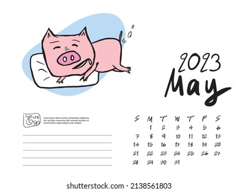 Calendar 2023 design template with Cute Pig vector illustration, May 2023 artwork, Lettering, Desk calendar 2023 layout, planner, wall calendar template, pig cartoon character, holiday event