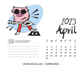 Calendar 2023 design template with Cute Pig vector illustration, April 2023 artwork, Lettering, Desk calendar 2023 layout, planner, wall calendar template, pig cartoon character, holiday event