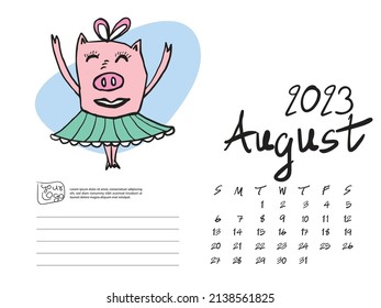 Calendar 2023 design template with Cute Pig vector illustration, August 2023 artwork, Lettering, Desk calendar 2023 layout, planner, wall calendar template, pig cartoon character, holiday event
