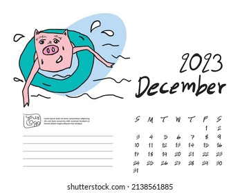 Calendar 2023 design template with Cute Pig vector illustration, December 2023 artwork, Lettering, Desk calendar 2023 layout, planner, wall calendar template, pig cartoon character, holiday event
