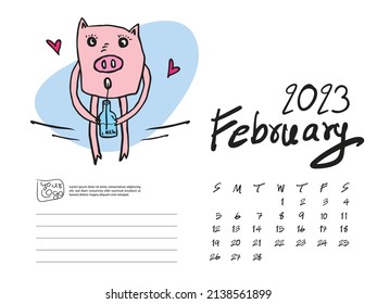 Calendar 2023 design template with Cute Pig vector illustration, February 2023 artwork, Lettering, Desk calendar 2023 layout, planner, wall calendar template, pig cartoon character, holiday event