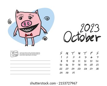 Calendar 2023 design template with Cute Pig vector illustration, October 2023, Lettering, Desk calendar 2023 layout, planner, wall calendar template, pig cartoon character, holiday event