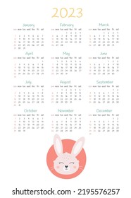 Calendar 2023 design template with cute rabbit. Year of the Rabbit. Sunday start calendar. Vector illustration