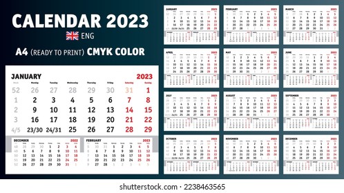 Calendar 2023 English, A4 ready to print, CMYK color. Wall calendar A4 for print CMYK. Vector stock illustration.