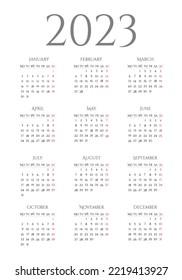 Calendar of 2023 in English. The days of the week are at the top, week start Monday. Vector illustration