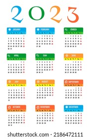 Calendar 2023 in English. Calendar with division into seasons. The days of the week are at the top, week start Monday. Vector illustration