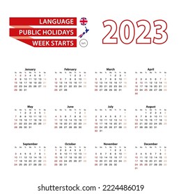 Calendar 2023 in English language with public holidays the country of New Zealand in year 2023. Week starts from Sunday. Vector Illustration.