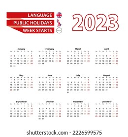 Calendar 2023 in English language with public holidays of the United Kingdom in year 2023. Week starts from Monday. Vector Illustration.