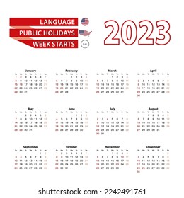 Calendar 2023 in English language with public holidays the United State of America in year 2023. Week starts from Sunday. Vector Illustration.