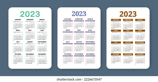 Calendar 2023. English vector set. Vertical wall or pocket calender template. Design collection