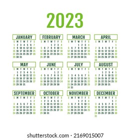 Calendar 2023. English vector square wall or pocket calender template. New year. Week starts on Sunday