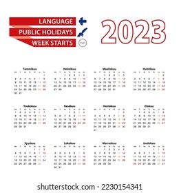 Calendar 2023 in Finnish language with public holidays the country of Finland in year 2023. Week starts from Monday. Vector Illustration.