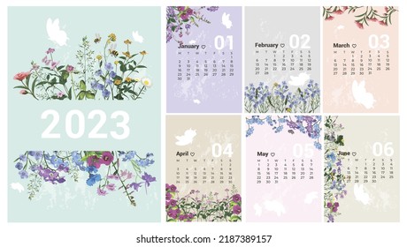 Calendar for 2023 floral part 1. Vector illustration.