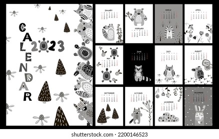 Calendar for 2023 forest and animals in black and white colors. Calendar with cute animals for 2023 in the Scandinavian style. Vector illustration.