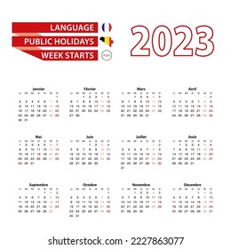 Calendar 2023 in French language with public holidays the country of Belgium in year 2023. Week starts from Monday. Vector Illustration.