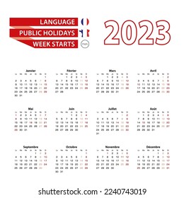 Calendar 2023 in French language with public holidays the country of France in year 2023. Week starts from Monday. Vector Illustration.